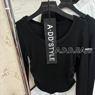 ADD小心机早春新款U领长袖螺纹棉侧边褶皱纯色显瘦韩版上衣女t恤