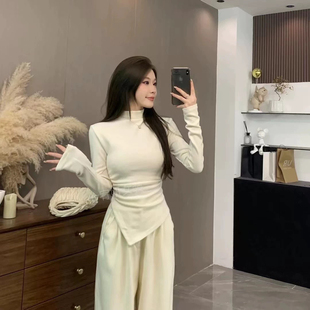 ADD秋冬软糯羊绒棉半高领打底衫女收腰内搭不规则长袖上衣女