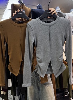 ADD2025秋冬韩版百搭加绒纯色高弹力双侧褶皱开叉显瘦垫肩打底t