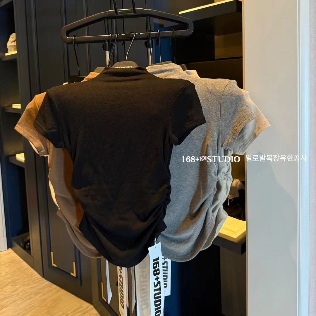 半高领修身短袖t恤女秋冬2025新款正肩甜辣妹白色纯欲短款上衣秋