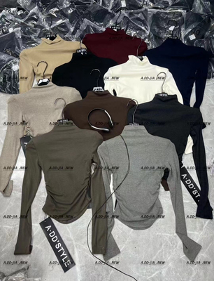 ADD十三行韩系纯色侧边褶皱收腰设计半高领T恤弹力紧身辣妹打底衫