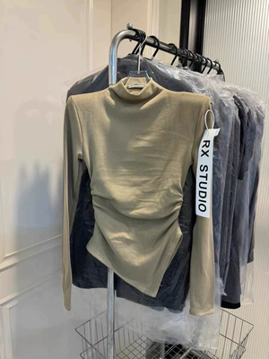 十三行25秋冬新款韩范半高领不规则收腰设计感长袖T恤打底衫上衣