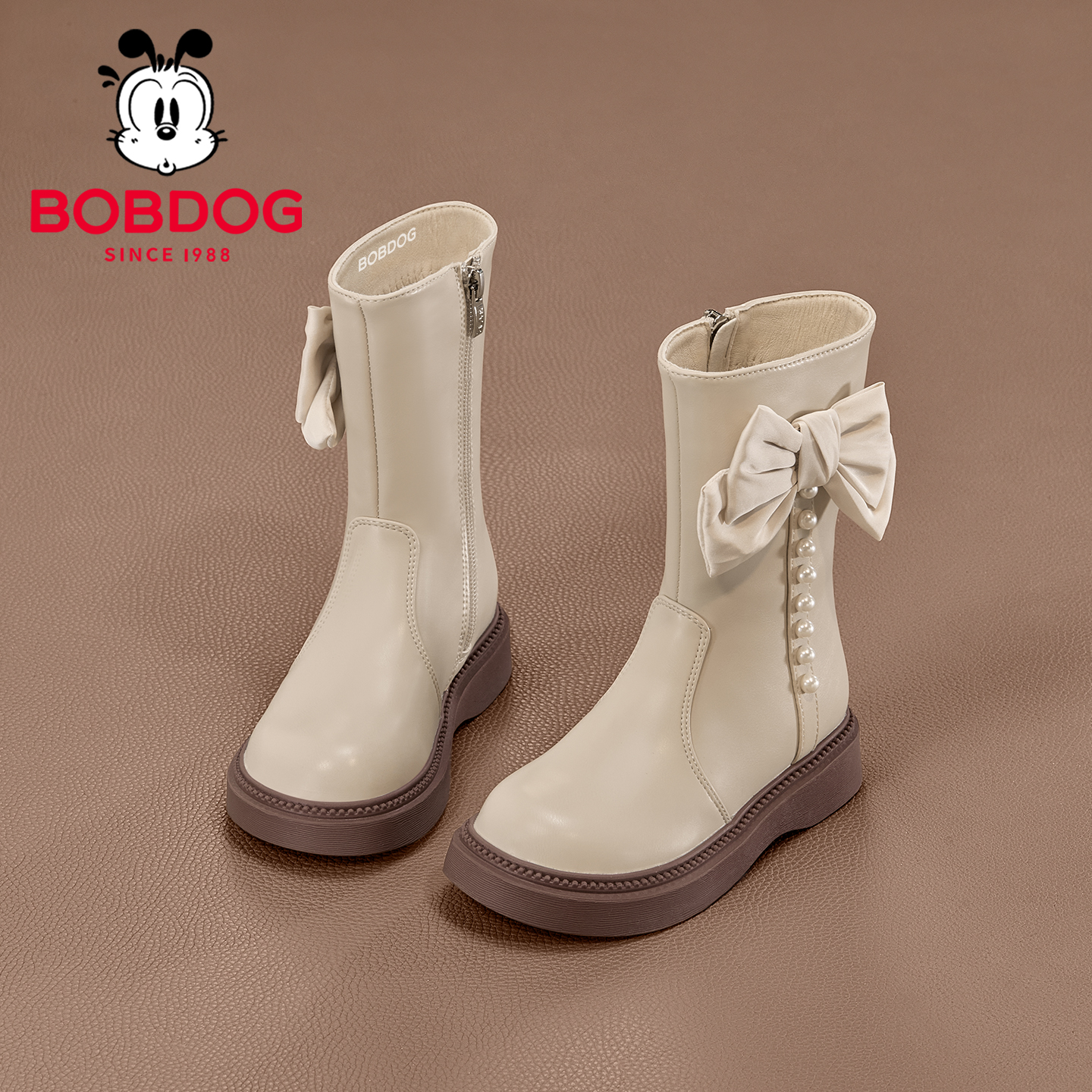 巴布豆真皮女童棉鞋儿童中筒靴子