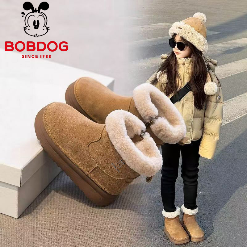巴布豆真皮女童雪地靴加绒大棉鞋