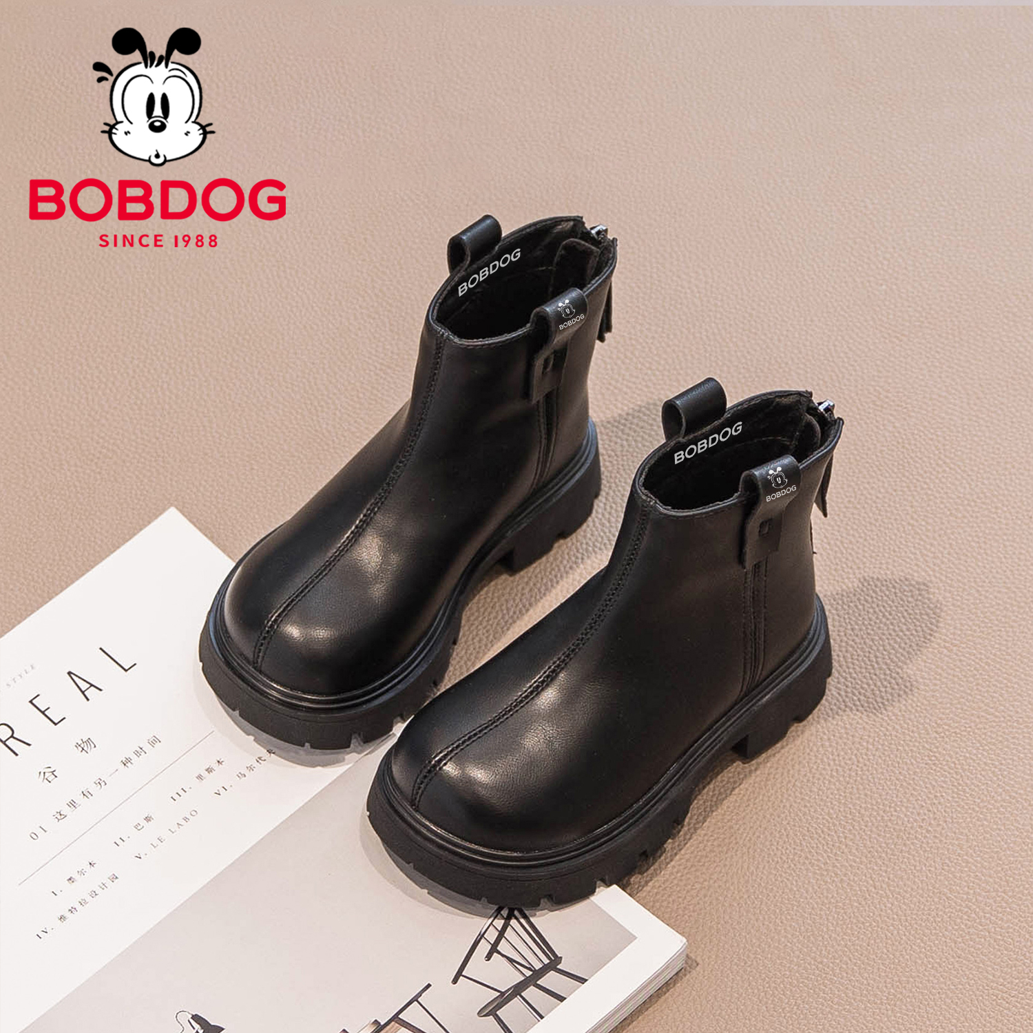 巴布豆真皮女童靴子儿童加绒棉鞋