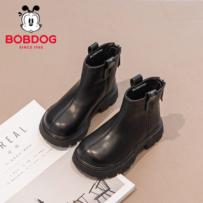 巴布豆真皮女童靴子儿童加绒棉鞋