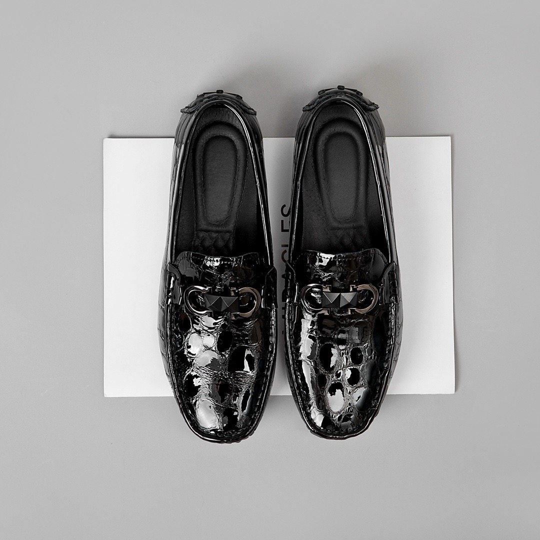 2026新款豆豆鞋男真皮青年一脚蹬鳄鱼纹休闲皮鞋亮皮英伦乐福潮鞋