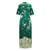2585 连衣裙高级感 绿色印花旗袍女立领盘扣长款 沧溟浪 新中式