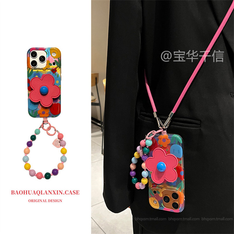 爱心镭射彩色郁金香适用苹果17promax手机壳iPhone16promax可斜挎15pro带挂绳14promax春夏13pro女款17保护套