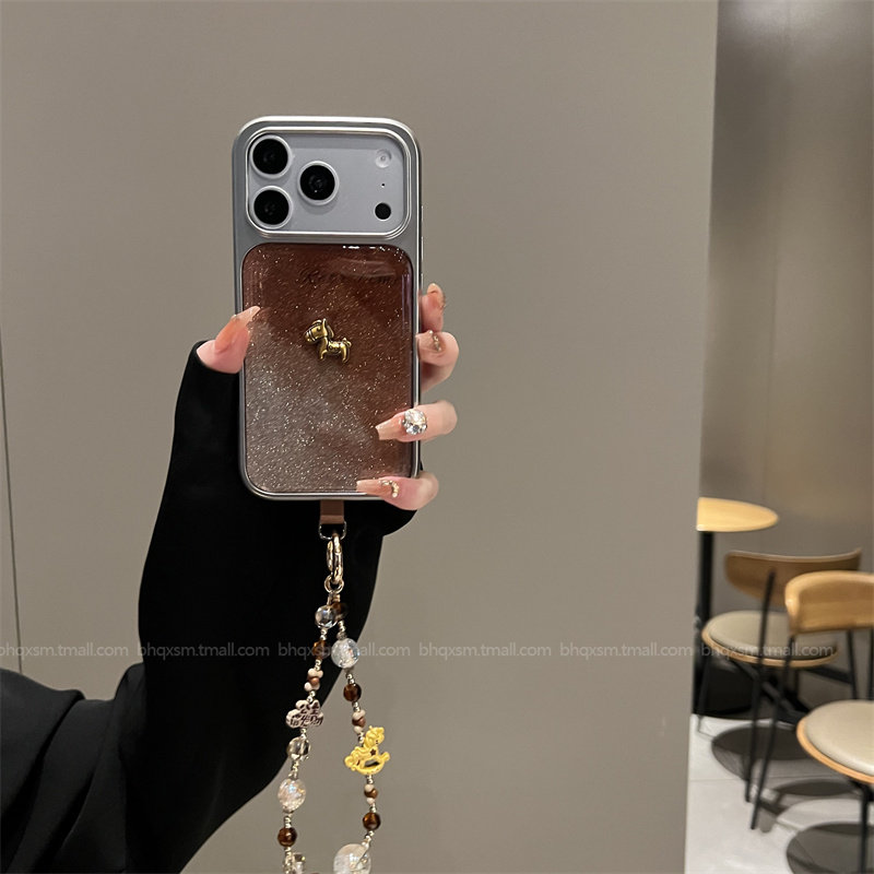 闪粉晕染棕英文小金马适用苹果17promax手机壳iPhone16pro小众15pro高级感14promax复古16promax防摔手链13潮,3C数码配件,手机保护套/壳,淘宝优惠券,粉丝福利购,淘宝优惠卷