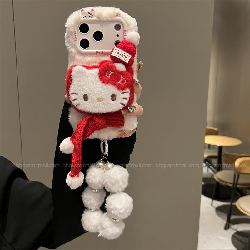 白毛绒红帽子围巾kt猫适用于苹果17promax手机壳iPhone16promax高级感15pro秋冬款14promax可爱卡通17pro女款,3C数码配件,手机保护套/壳,淘宝优惠券,粉丝福利购,淘宝优惠卷