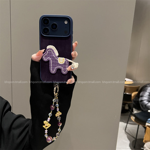 新款丝绒紫刺绣紫马适用于苹果17promax手机壳iPhone16promax高级感15pro韩系14promax小众17pro秋冬13保护套