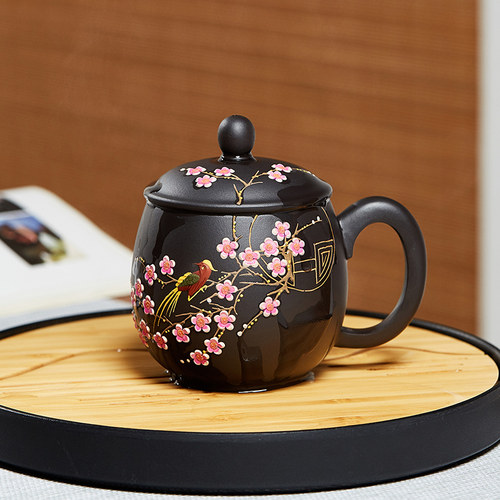 陈腐原矿老泥遇热变色花鸟紫砂杯