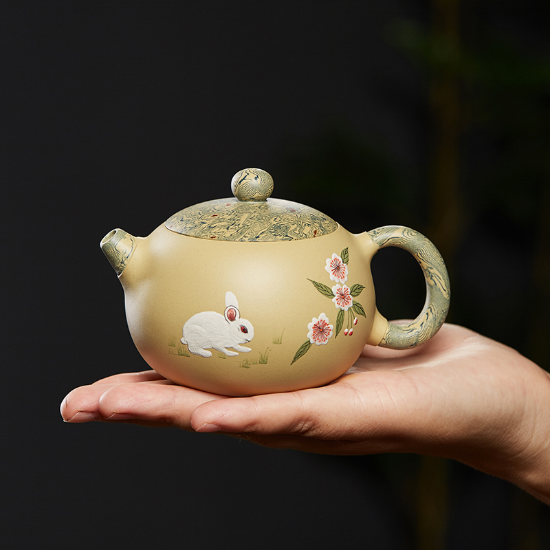 宜兴紫砂壶名家手工绞泥玉兔西施