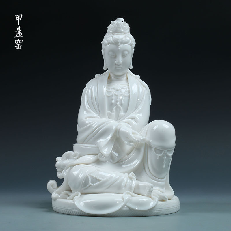 甲盏窑 德化白瓷雕塑艺术收藏品摆件李甲栈大师作品/坐蒲持经观音