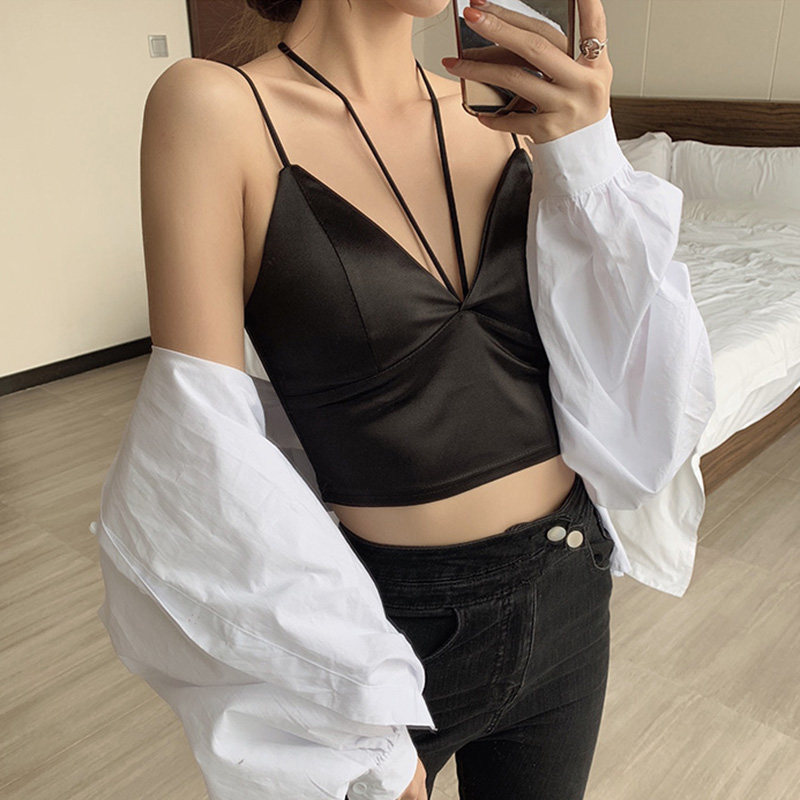 网红小心机挂脖绸缎裹胸内衣女V领打底外穿吊带小背心带胸垫抹胸