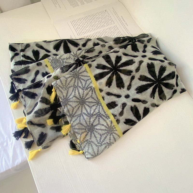 素雅柔软巴厘纱棉麻手感围巾水墨画长款流苏大纱巾旅游防晒沙滩巾