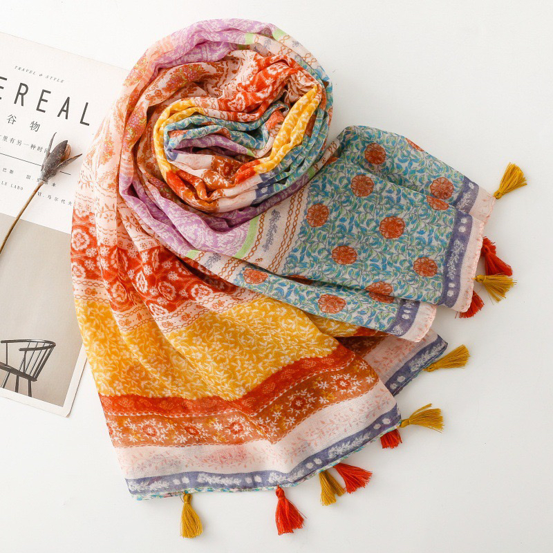 围巾巴厘纱丝巾春夏小清新波西米亚异域民族风麦穗拼色流苏披肩女