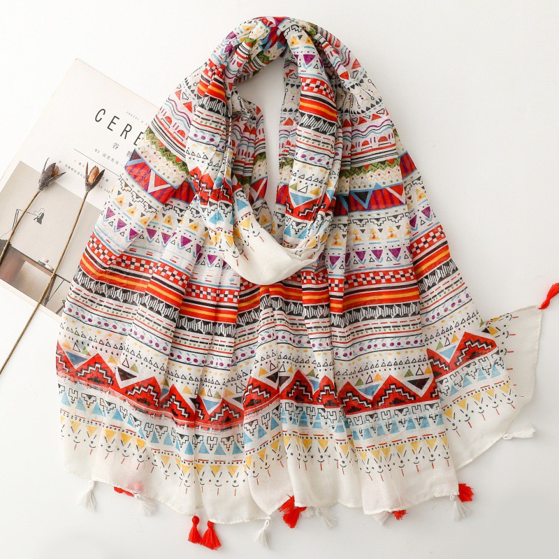 围巾巴厘纱丝巾小清新波西米亚异域民族风几何花卉撞色流苏披肩女