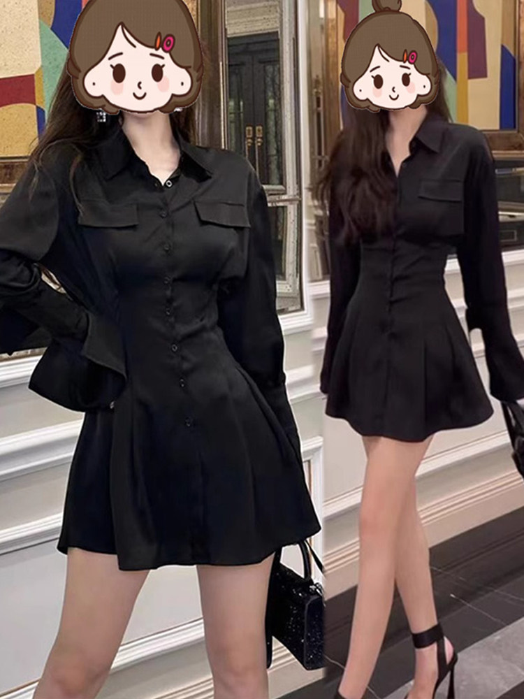 长袖秋季衬衫裙光泽感垂感喇叭袖口收腰A摆连衣裙小个子夏季女装