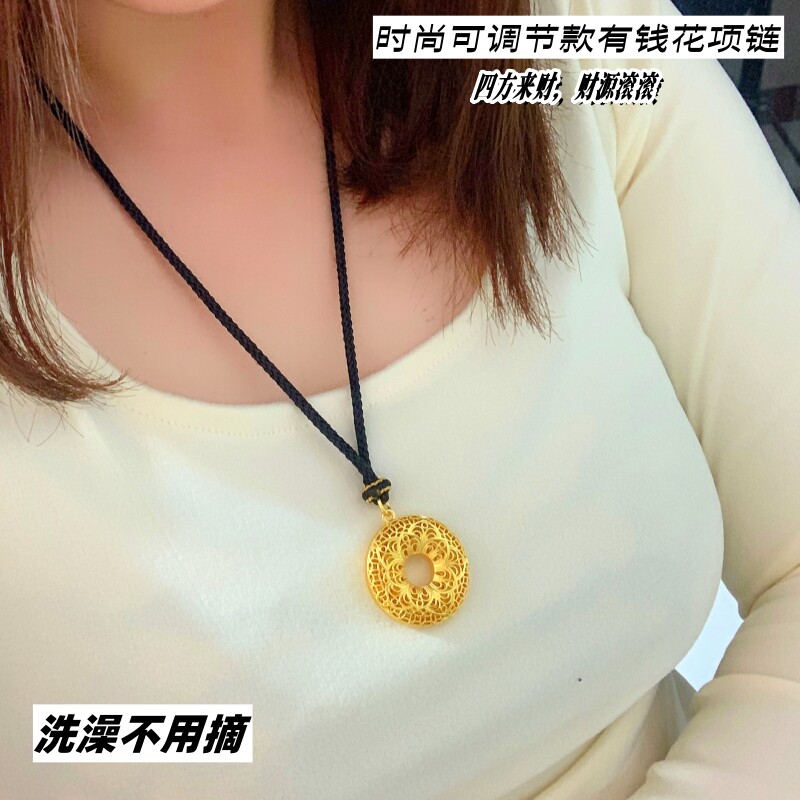网红越南沙金女士项链黄铜镀黄金色平安扣黑绳毛衣链帅气久不掉色