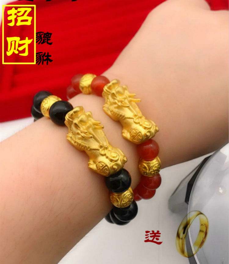 不掉色越南沙金貔貅手链男女情侣欧币镀黄金黑曜石招财金手串