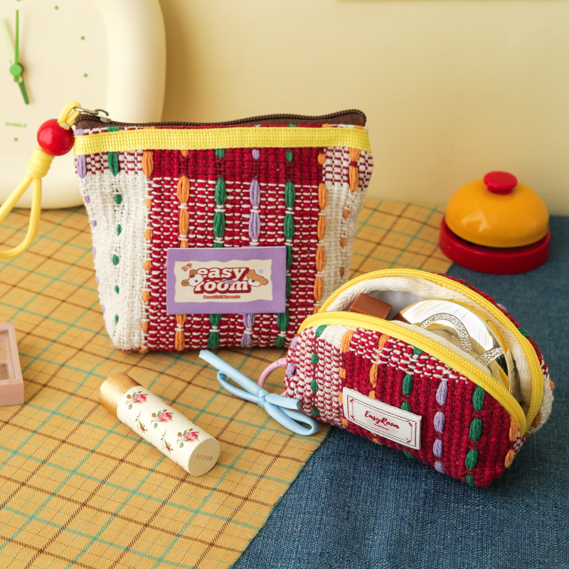 彩虹编织补妆包撞色高颜值迷你化妆包随身便携外出小收纳袋轻便款