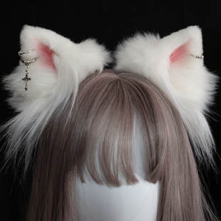 白色猫耳粉色兽耳头饰Lolita手工可爱cosplay黄色耳朵发夹kc发箍