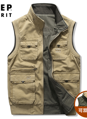 吉普JEEP工装马甲男士春秋户外双面穿大码加肥加大多口袋纯棉外套