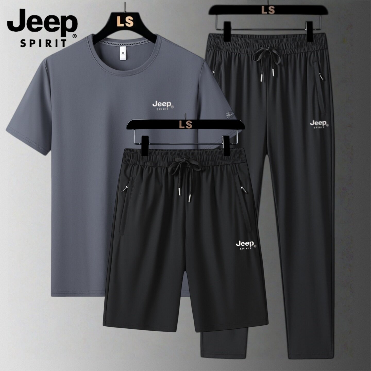 吉普冰丝运动套装男士夏季薄款爸爸男装速干休闲运动服三件套男款