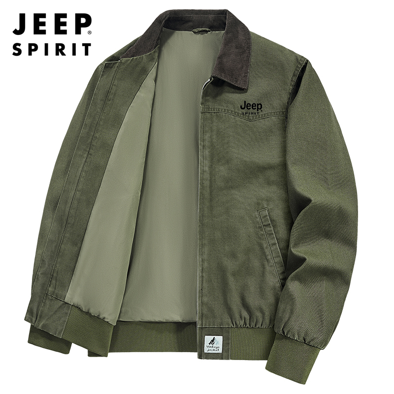吉普纯棉外套男翻领水洗休闲夹克
