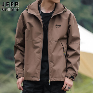 吉普外套男士春秋款宽松连帽休闲风衣中年爸爸男装休闲运动夹克春