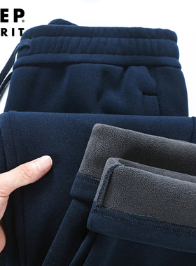 吉普JEEP加绒加厚运动裤男冬季新款直筒卫裤中年爸爸防风休闲裤子