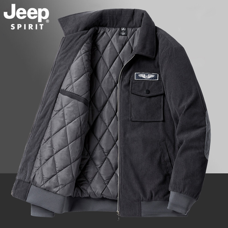 吉普Jeep灯芯绒棉衣外套男冬季中年爸爸棉服男士工装加厚保暖外套