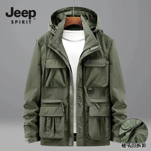 吉普工装外套男春秋季户外多口袋冲锋衣休闲运动中年爸爸长款夹克