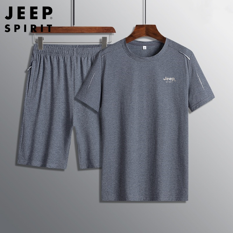 JEEP中老年纯棉短袖t恤男夏季薄款中年爸爸夏装男式休闲运动套装