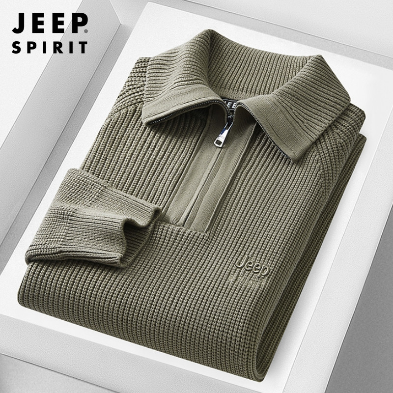 JEEP吉普纯棉毛衣男士冬季加厚保暖中老年男装爸爸装半拉链针织衫
