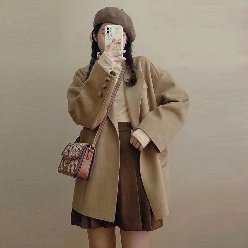 高级感卡其色呢子大衣2025秋冬装新款韩版小个子毛呢外套女短款潮
