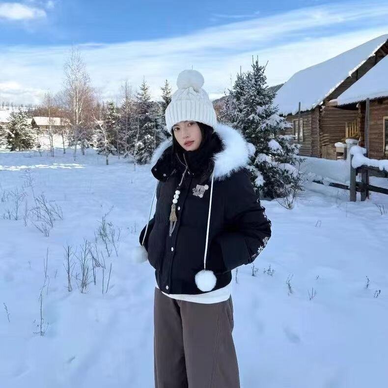冬装美式复古雪花刺绣连帽棉衣女