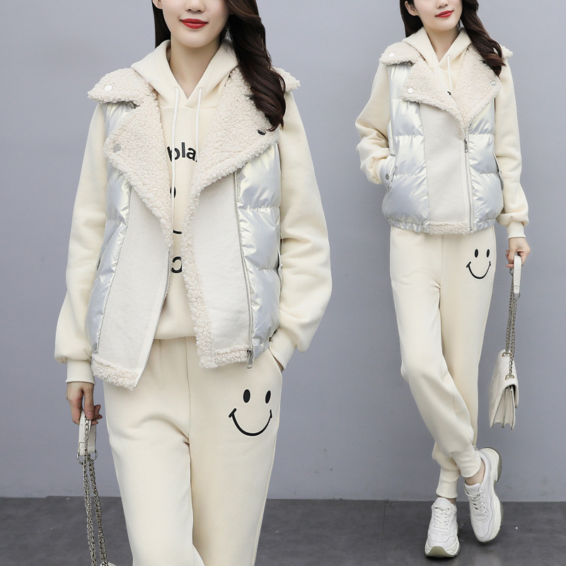 套装女2025秋冬季新款网红休闲时尚加绒加厚马甲卫衣束脚裤