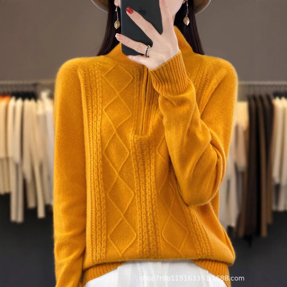休闲纯羊毛拉链宽松保暖毛衣女