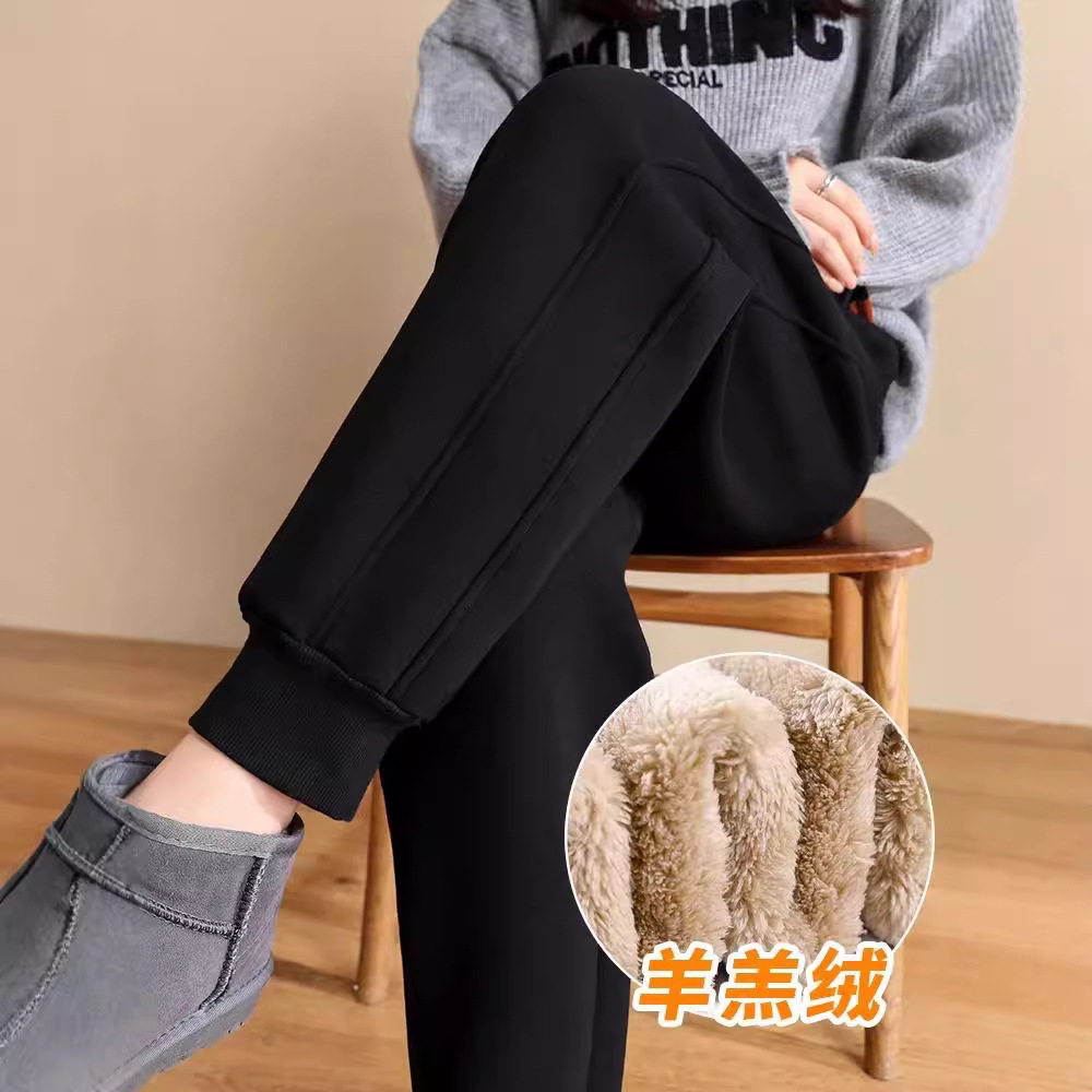 加绒高腰运动裤秋冬加厚休闲一体羊羔绒宽松束脚一条过冬棉裤女士