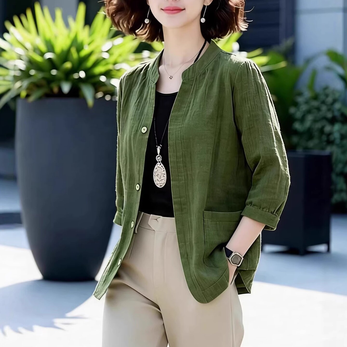 中老年春秋七分袖衬衫裤套装女