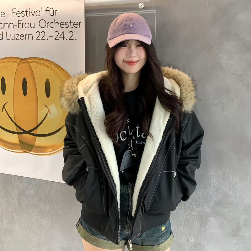 新款大码棉服女冬季派克服美式复古时髦毛领宽松加厚保暖短款外套