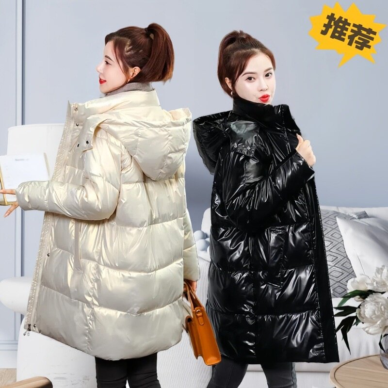韩版羽绒棉服女中长款冬季新款亮面免洗防风保暖连帽棉衣时尚棉袄