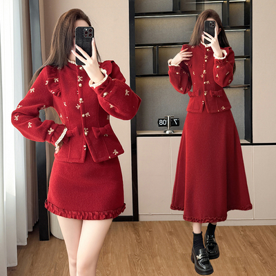 圣诞法式复古毛呢衬衫半裙套装