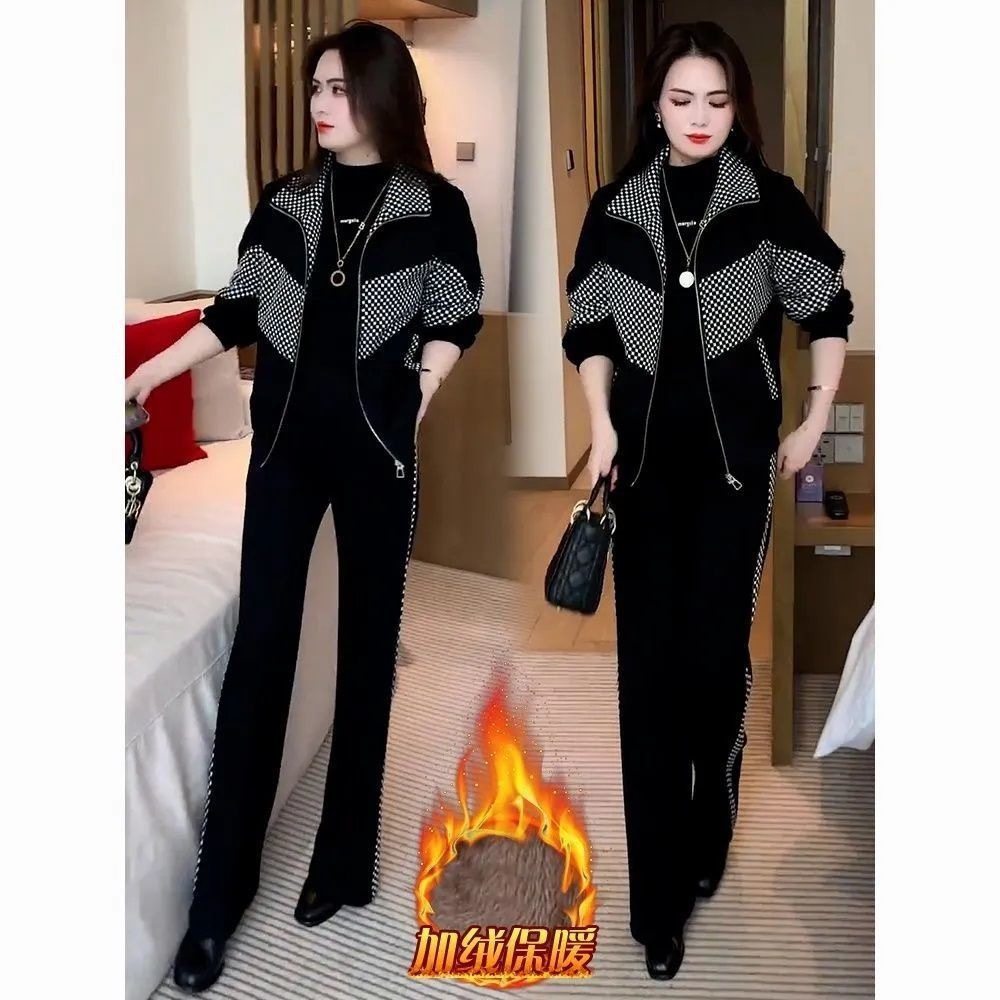 时尚休闲运动服套装女2025秋冬季新款加绒保暖中老年妈妈装