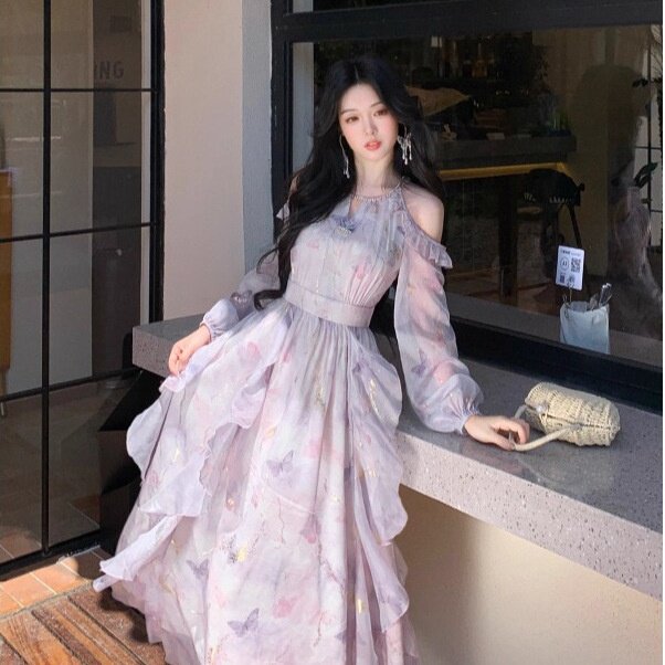 法式露肩蝴蝶印花荷叶边仙女裙