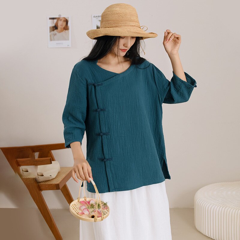 新中式女装春秋夏季新款复古纯棉上衣女中国风盘扣禅意衬衫茶艺服