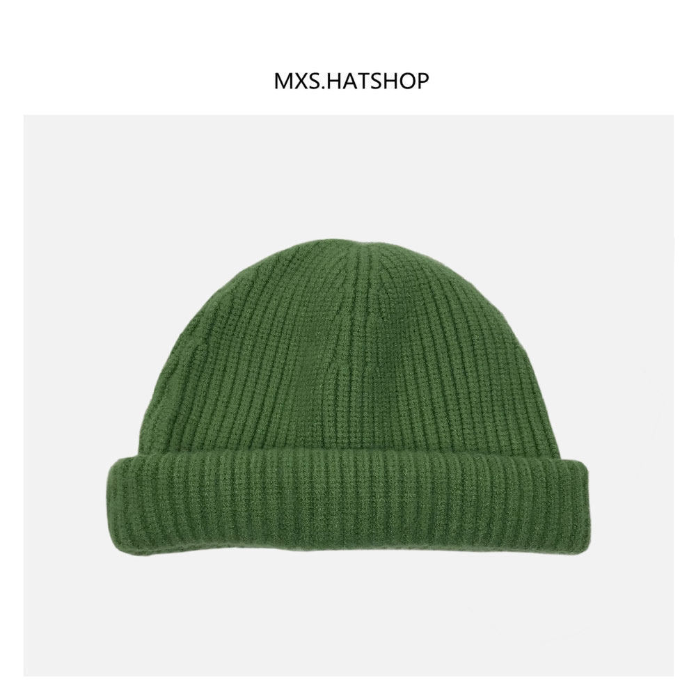 绿色针织帽女韩版ins瓜皮帽秋冬加厚滑雪帽翻边纯色毛线帽子男潮